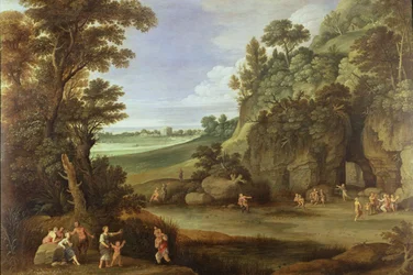 Arcadian landscape with satyrs and nymphs